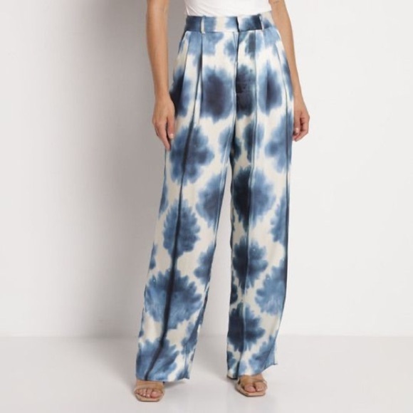 Zara Pants - Zara Blue Cream Geometric Watercolor High Rise Straight Leg Pants